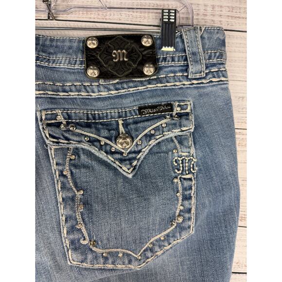 Miss Me Bootcut Jeans Light Wash Mid Rise Y2K Stretch Bedazzled Rhinestones 33 - Picture 8 of 12